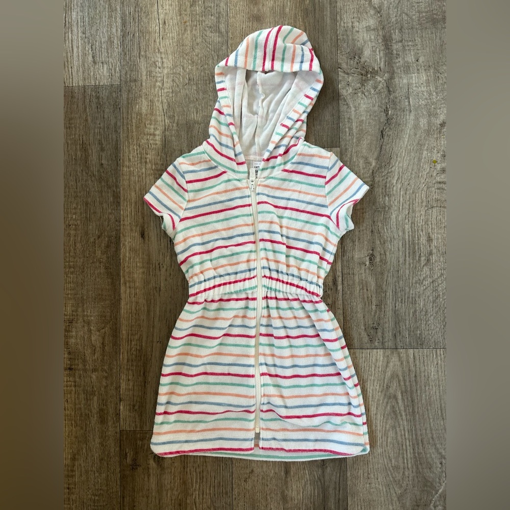 Carters Toddler Girls Striped Terry Short Sleeve Zippered & Hooded Swim Coverup